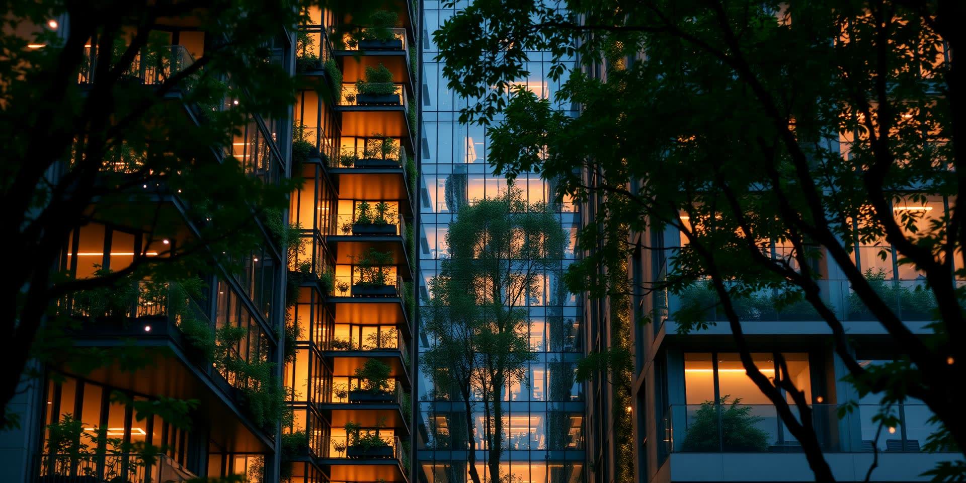 Biophilic architecture — luxury residence facade with vertical greenery and warm interior glow at dusk