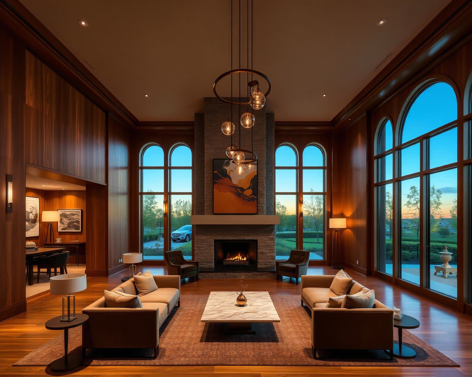 The residents' clubhouse lounge at dusk