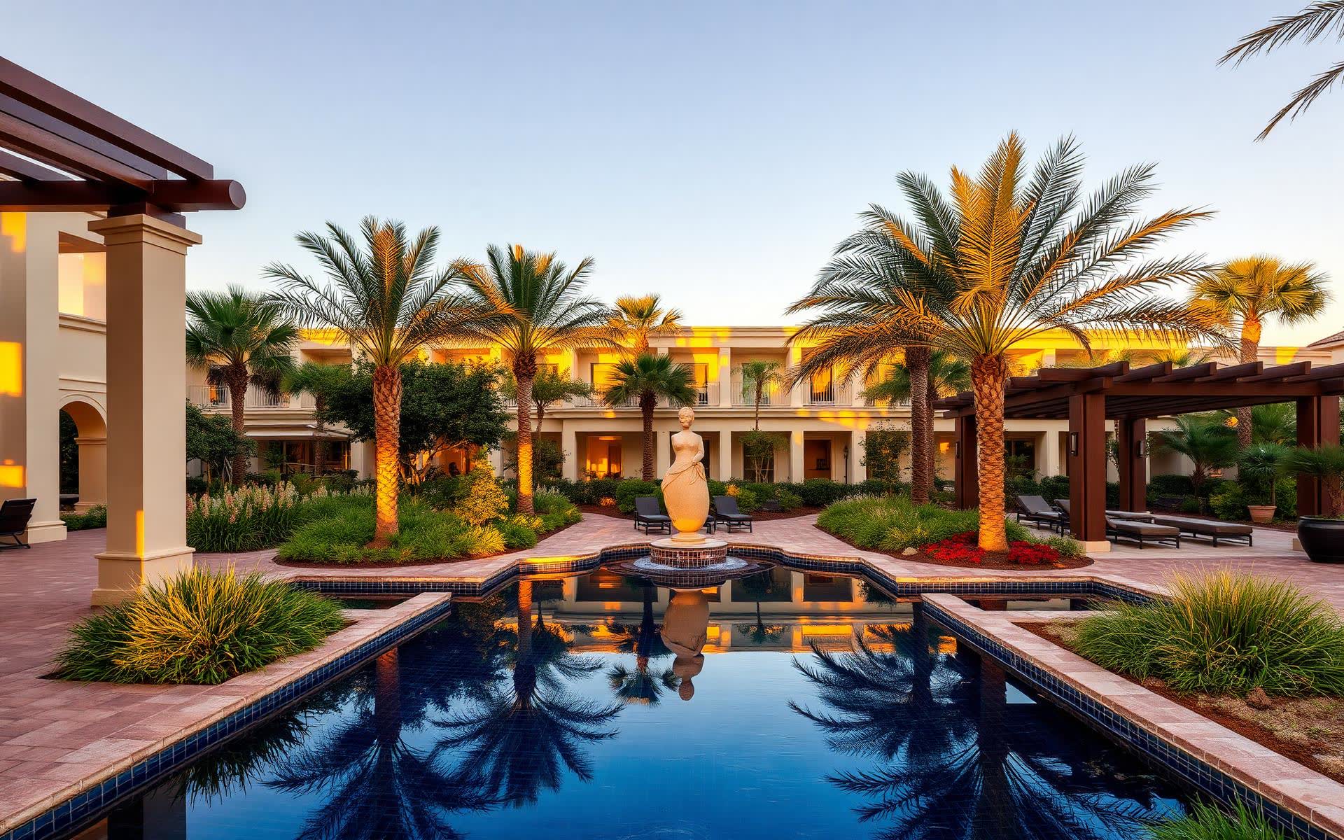 A landscaped resort-style podium at a luxury branded residence at golden hour