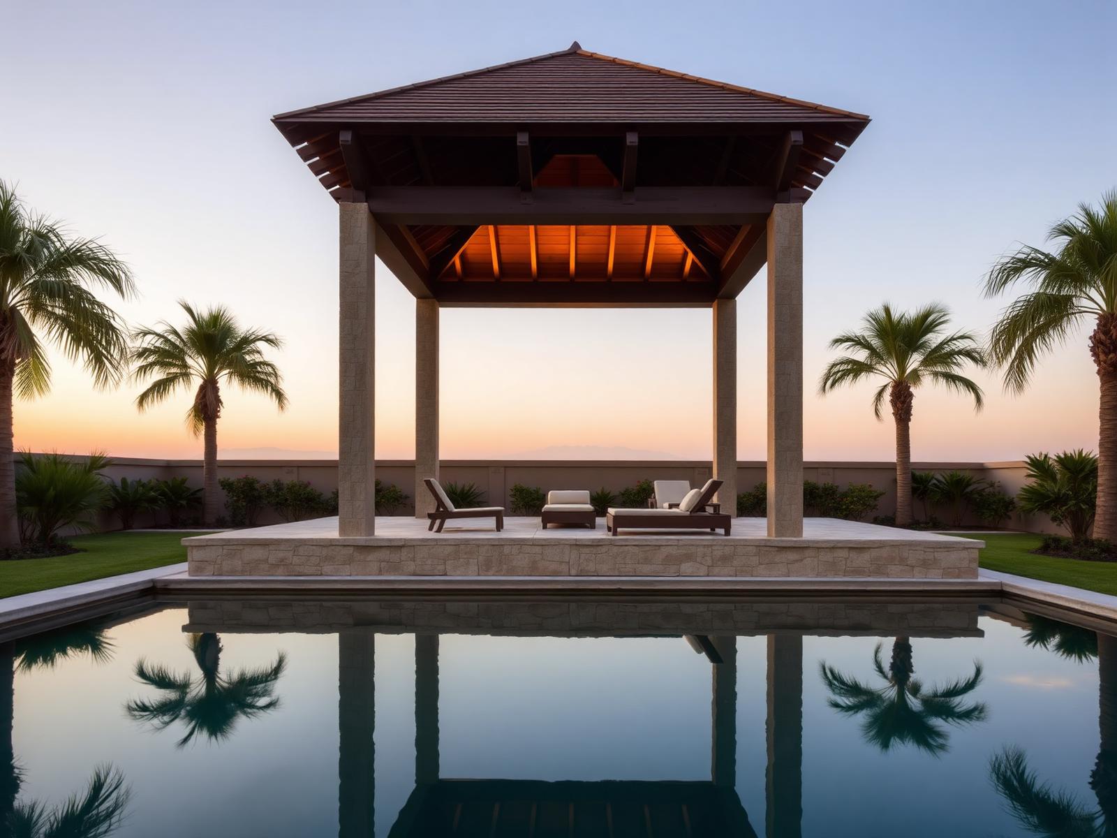 A garden pavilion beside a reflecting pool at dusk