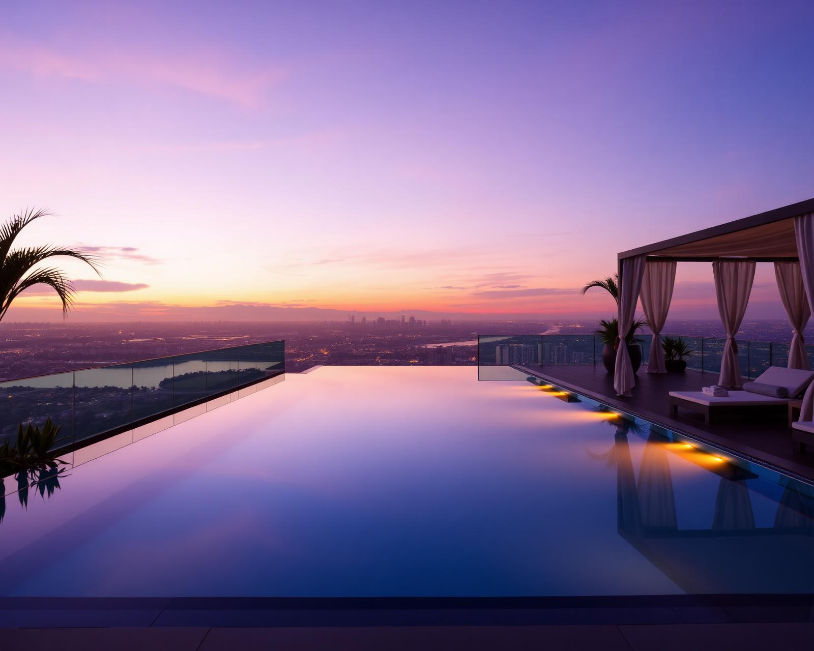 Rooftop infinity pool at dusk overlooking the city skyline