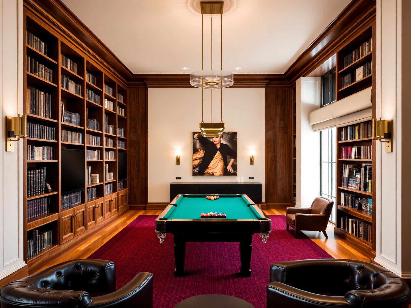 Residents' library and games room with walnut bookshelves and a billiards table