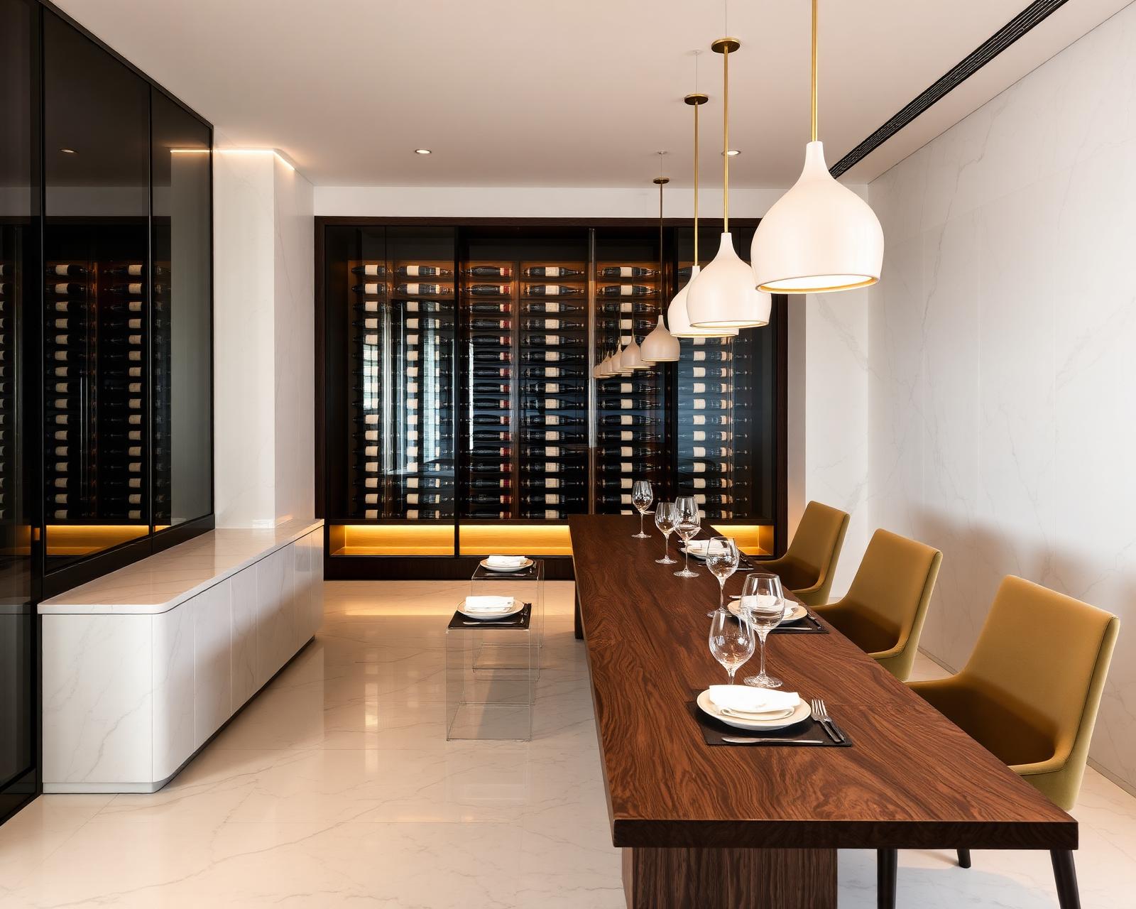 Private dining room with a temperature-controlled wine cellar behind glass
