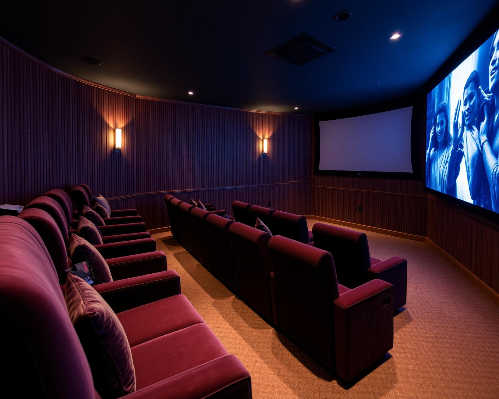 Intimate private cinema with tiered velvet seating and a large screen