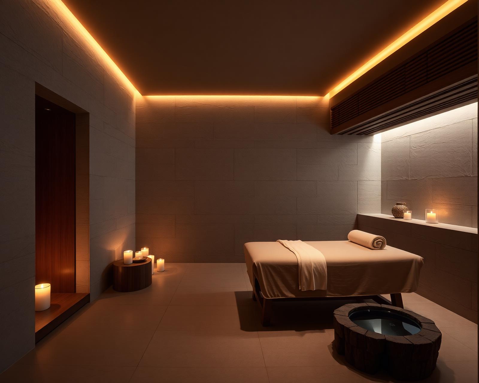 Warmly lit private spa treatment room with candles and natural stone walls