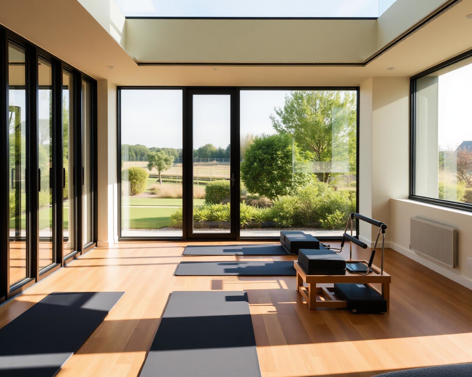 Yoga and pilates studio with floor-to-ceiling glass overlooking a garden
