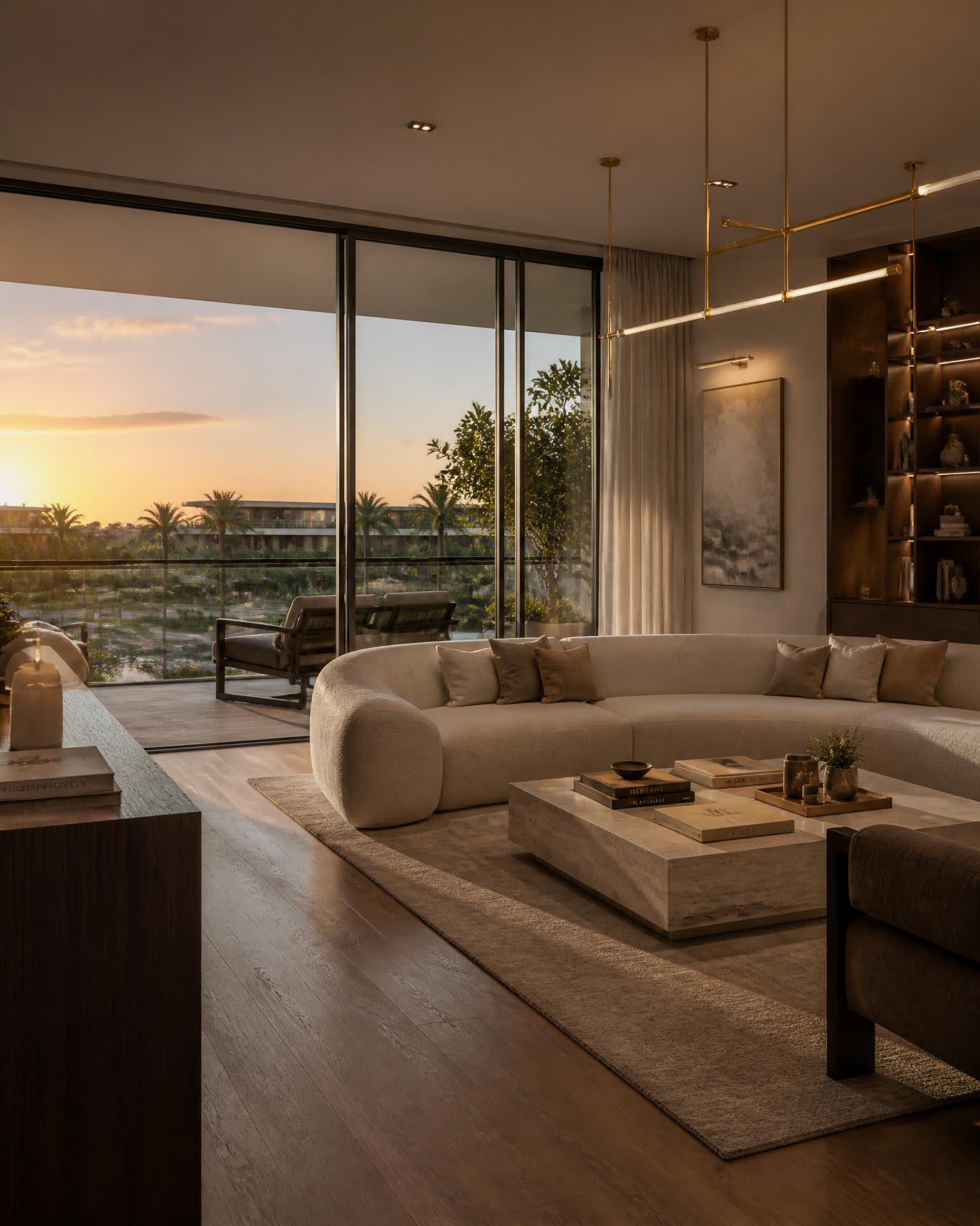 A premium branded-residence living room at dusk — floor-to-ceiling glazing onto the landscaped urban resort at The Westin Residences Gurgaon